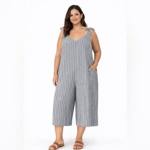 Pure Venice 100% Linen Romper XL Made in Italy Grey White Stripe Tie Strap